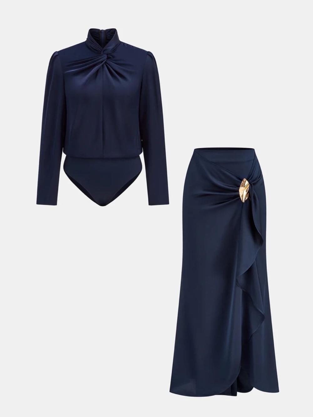 ❌ SOLD ❌ COMMENSE Twisted Satin Bodysuit & Ruffle Maxi Skirt Set